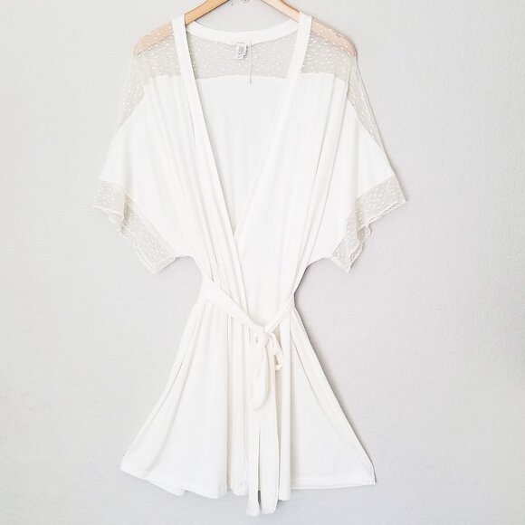 Eberjey Kimono Robe S Ivory Soft Modal Jersey Polka Dot Lace Mesh Inset Wrap Tie - Picture 2 of 15